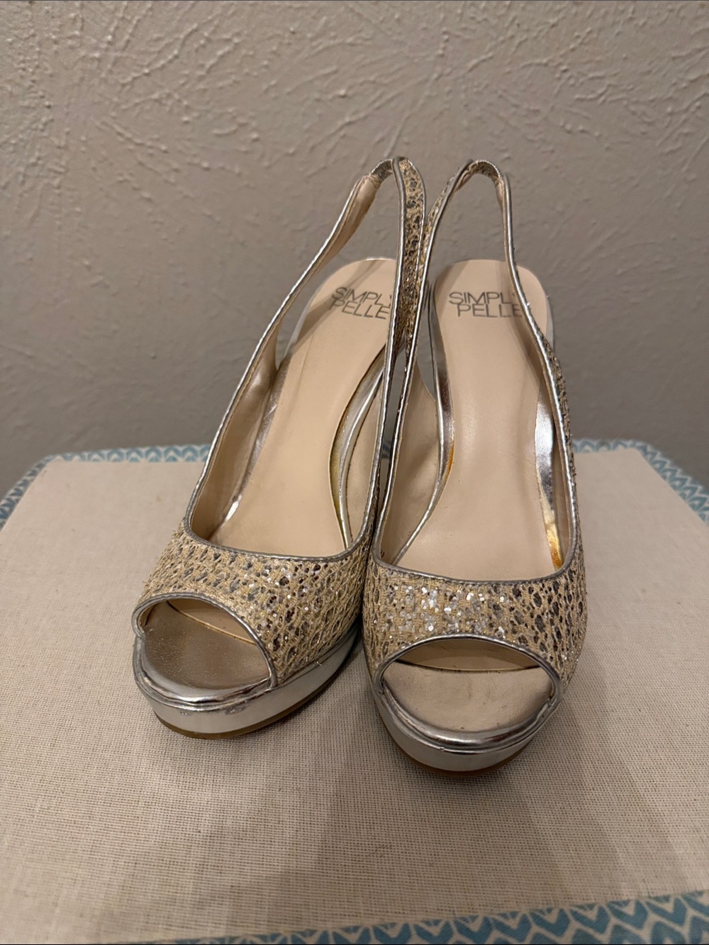 Simply Pelle Gold and Silver Sparkle Peep-Toe Slingback Heels